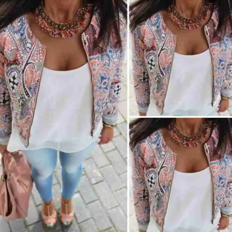 

Fashion Women Floral Printed Casual Zipper O Neck Long Sleeve Chiffon Jacket Outwear Slim Coat