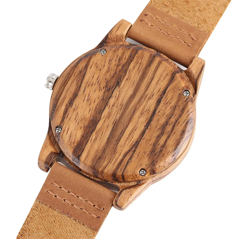 Creative Zebra Wooden Watch Nature Handmade Men Genuine Leather Band Strap Quartz Wrist Watch Reloj de madera 5
