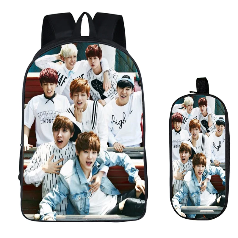 

BTS 2PC Set with Pencil Case Bangtan Boys Student Backpacks Female DIY Printing Children SchoolBags For Boys Kids Men Book Bag
