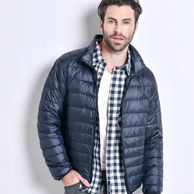 DHfinery, мужская зимняя куртка, ультра-светильник, белый утиный пух, куртки, повседневное портативное зимнее пальто для мужчин, пуховики, парки размера плюс M-5XL - Цвет: dark blue