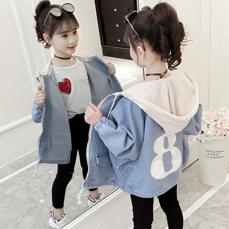 

Spring Denim Coat for Children Girls Hoodie Kids Baby Jeans Jacket Letter Print Tops Toddler Girls Coats and Jackets for 4-10T