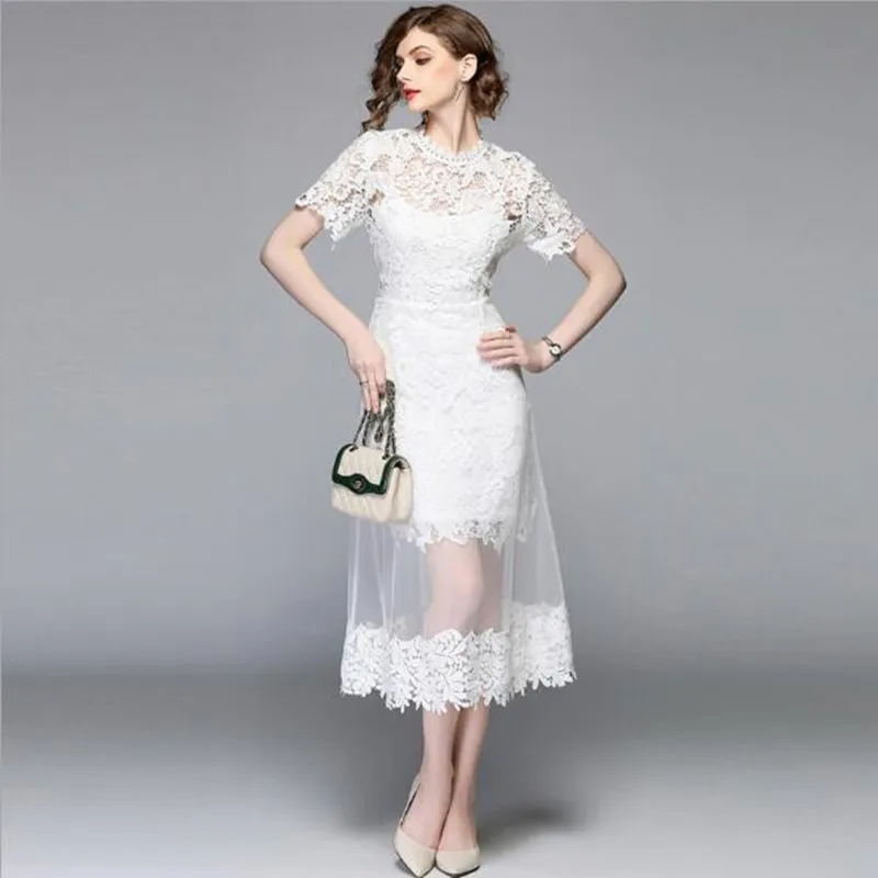 

Summer Mesh Patchwork Lace Dress Women O-neck Work Casual Party Slim Sexy White Long Dresses Vintage Vestidos QV276