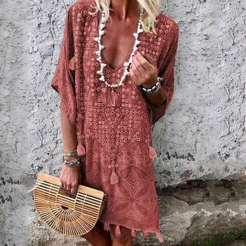 

Plus Size S-XXL Women's Tassel Cotton Summer Beach Tunic Short Sleeve Long T-Shirt Ladies Casual Beach Dress Cover Up
