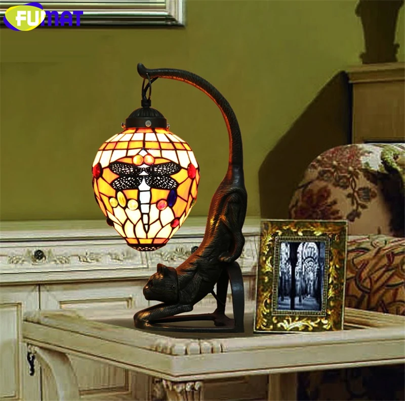 8003 FUMAT Stained Glass Tiffany Desk Lamp Dragofly Cat Kerosene Lamps Decorative European Style LED E27 Table Reading Luxury Light