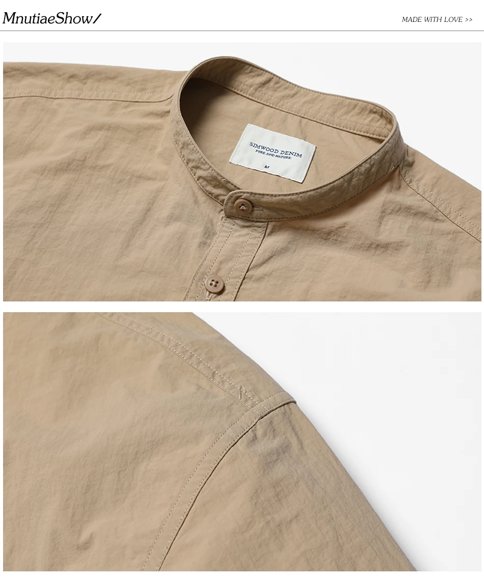 SIMWOOD осенние мужские рубашки с воротником-стойкой, тонкая нейлоновая Модная рубашка с боковыми карманами, Мужская брендовая одежда больших размеров 180066