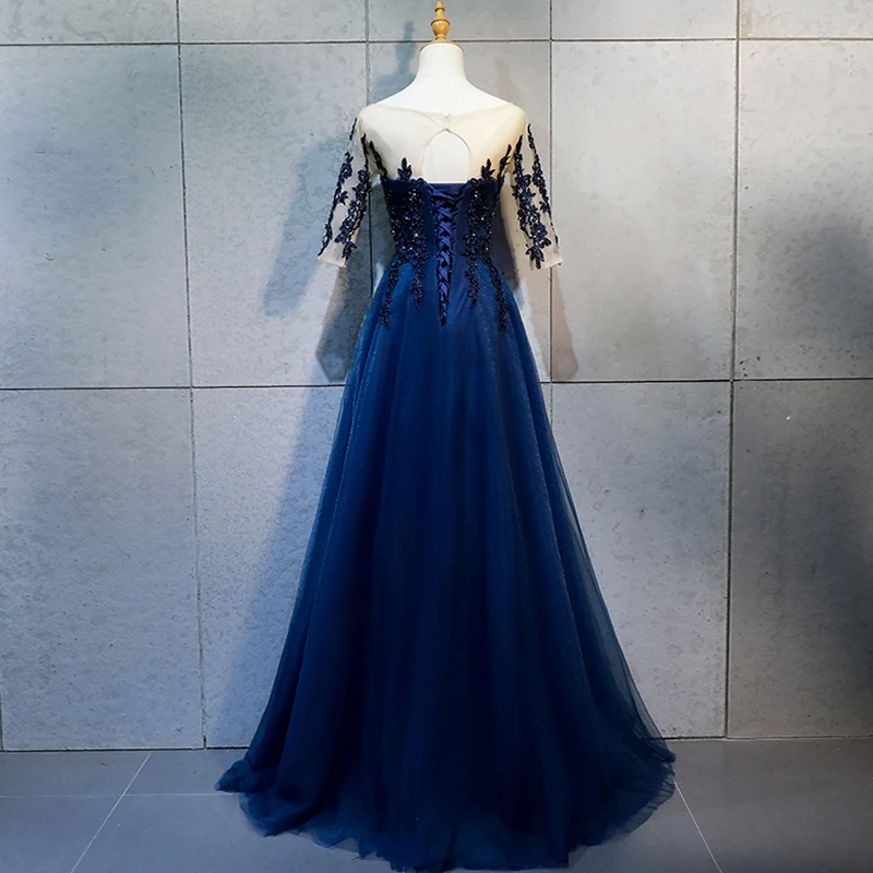 Evening Dresses Long Pretty Sexy Navy Blue O-neck Half Sleeves Beads Lace A-line Sparkle New Formal Party Gowns 2019