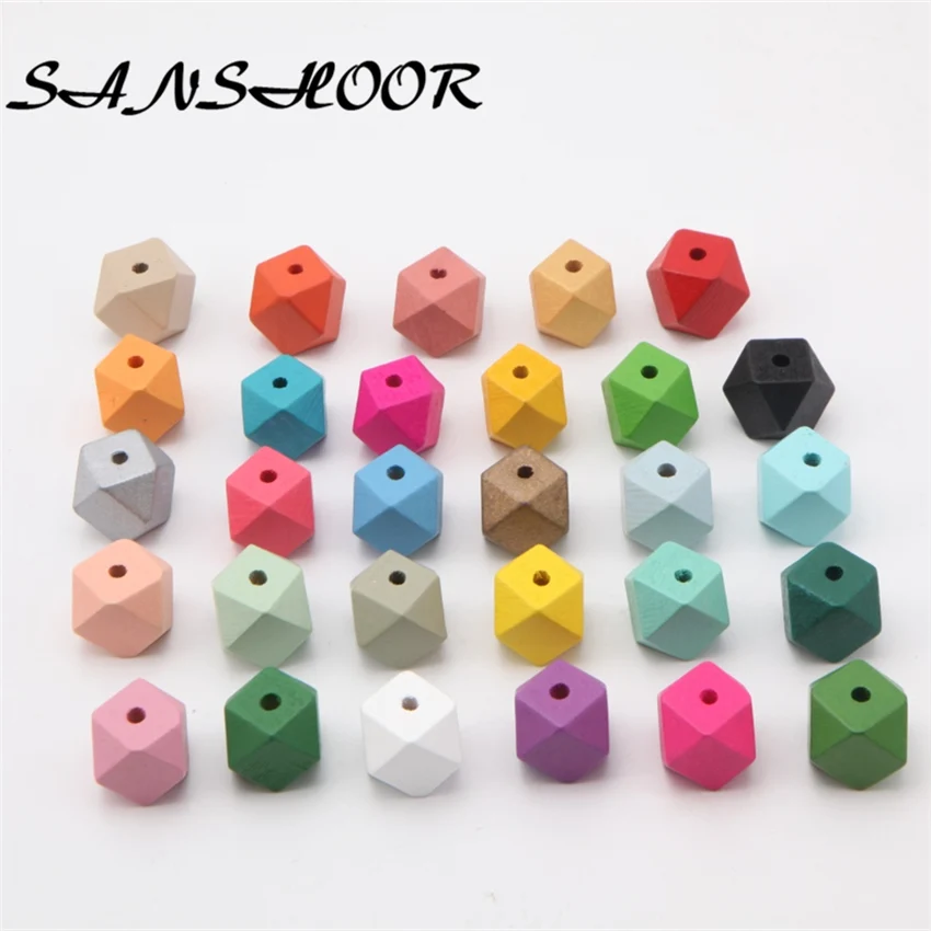 

SANSHOOR 32Colors 20mm DIY Geometric Wooden Beads Rainbow Colors Fit Baby Teething Women Necklace Jewelry Christmas Gifts 30pcs