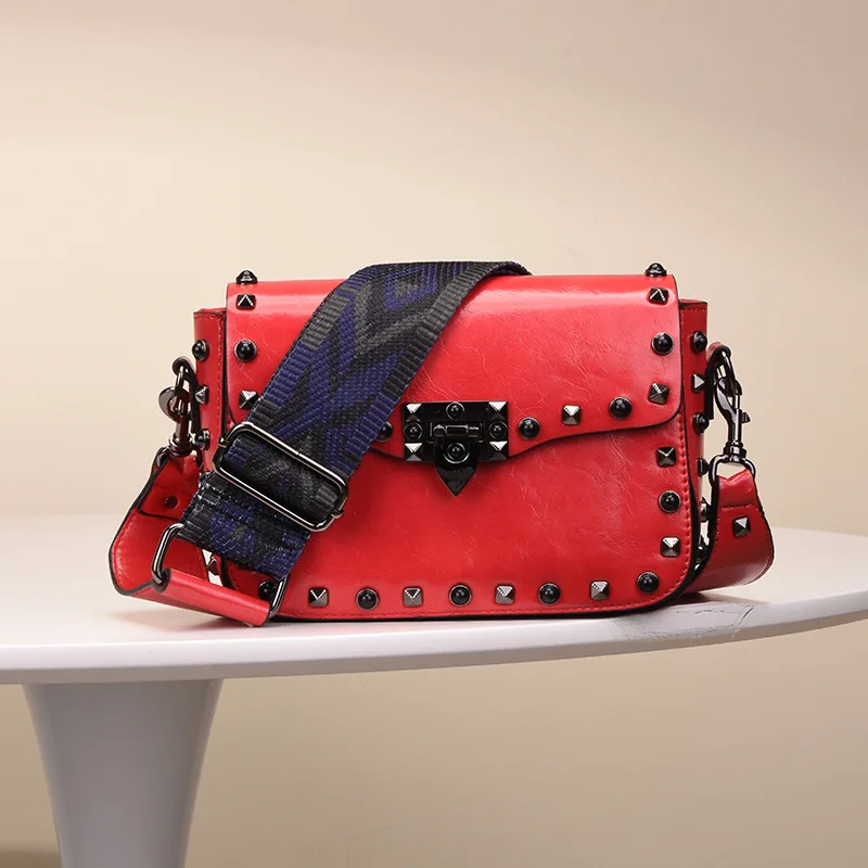 

Rivet Bag High Quality PU Leather Women Crossbody Bags Fashion Color Female Shoulder Bags Wide Strap Ladies Bag