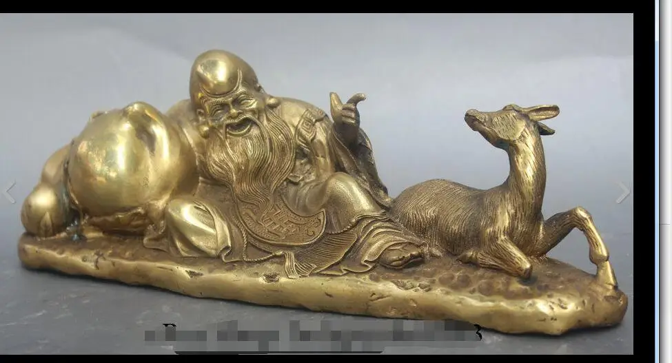 

fafa880082<<10" China Brass Sleep Longevity Star God Armful Peach Deer Statue Sculpture