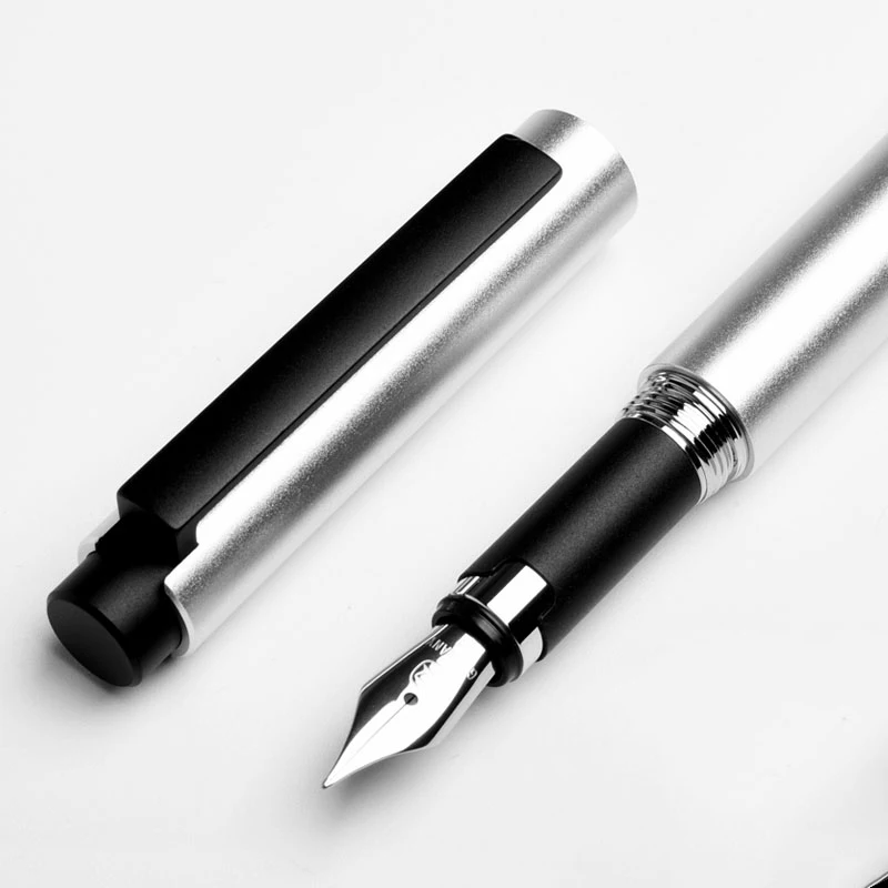 Роскошная перьевая ручка с 30 мл синими чернилами в бутылке, набор Kaco, серебристый, черный, из нержавеющей стали, Тонкое Перо, 0,5 мм, чернильные ручки для бизнес-подарка