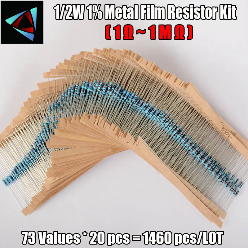 

New! 1/2W 73valuesX20pcs=1460pcs Metal Film Resistor Kit 1R~1M Resistor Pack 0.5W 1% Torlerance