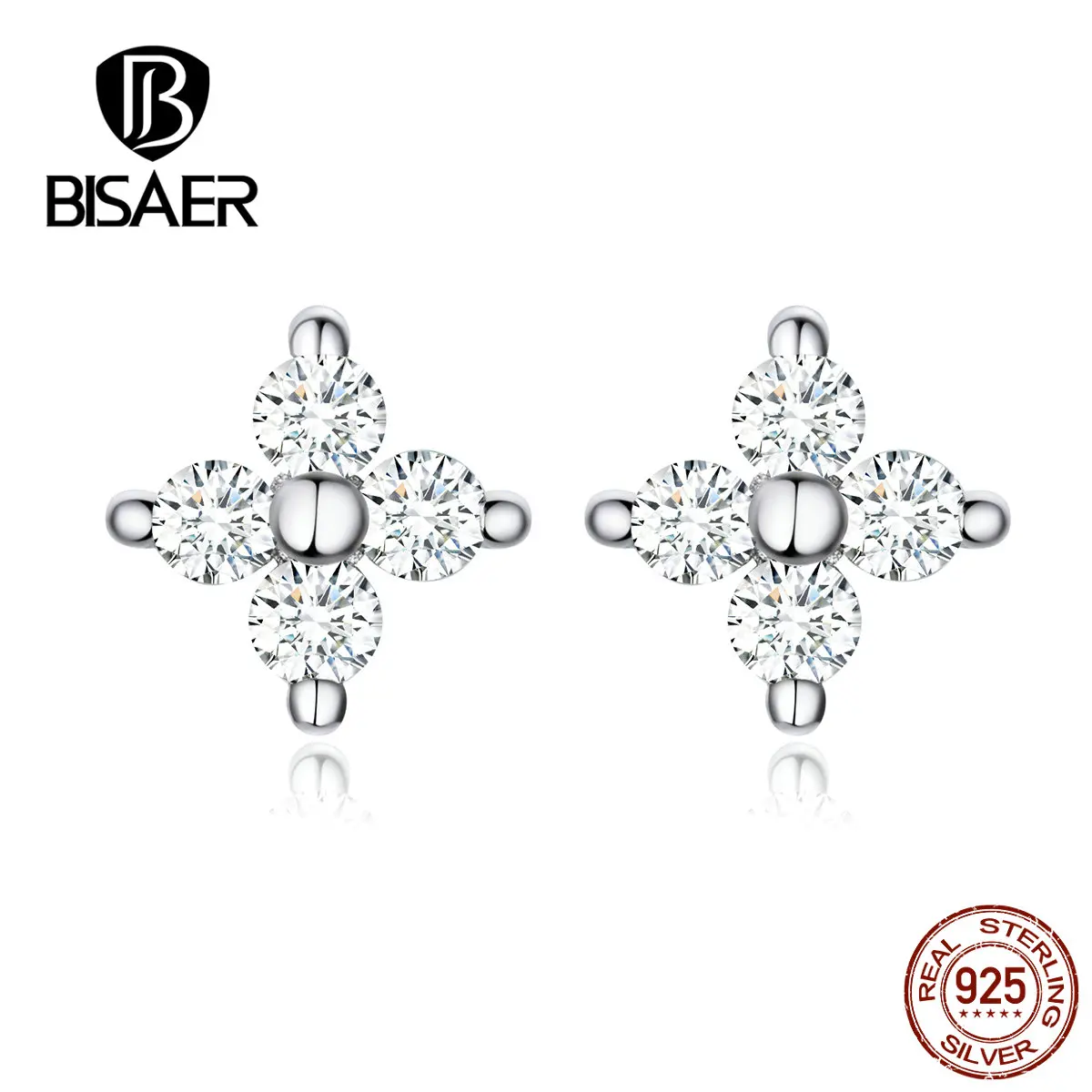 BISAER 925 пробы Серебряный Сияющий кубический циркон и квадратные изысканные серьги-гвоздики для женщин Свадебные обручальные ювелирные изделия ECE648