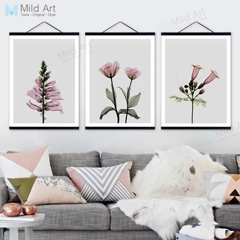 

Minimalist Transparent Pink Flowers Plant Wooden Framed Hanger Poster Nordic Living Room Wall Art Picture Canvas Painting Scroll
