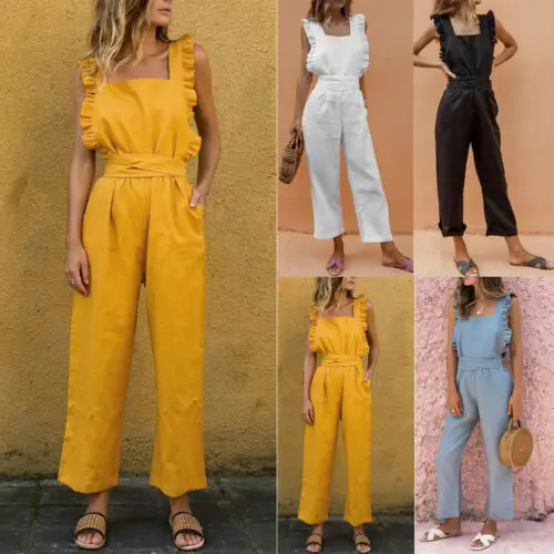 

Women Ruffle Fashion Jumpsuits Waisted Solid Fringe Sleeveless Casual Summer Bodycon Party Jumpsuit Romper Trousers