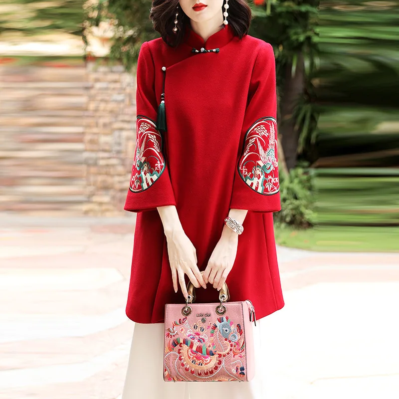 Pour Broderie B D'hiver Chinois Laine a Floral De Les Vintage Femmes Manteau N80Ovmwyn