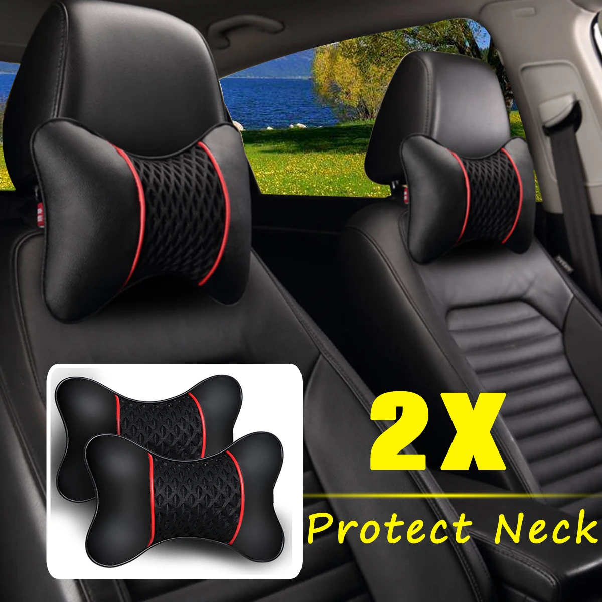  2Pcs PU Leather Knitted Car Pillows Headrest Neck Rest Cushion Support Seat Accessories Auto Black 