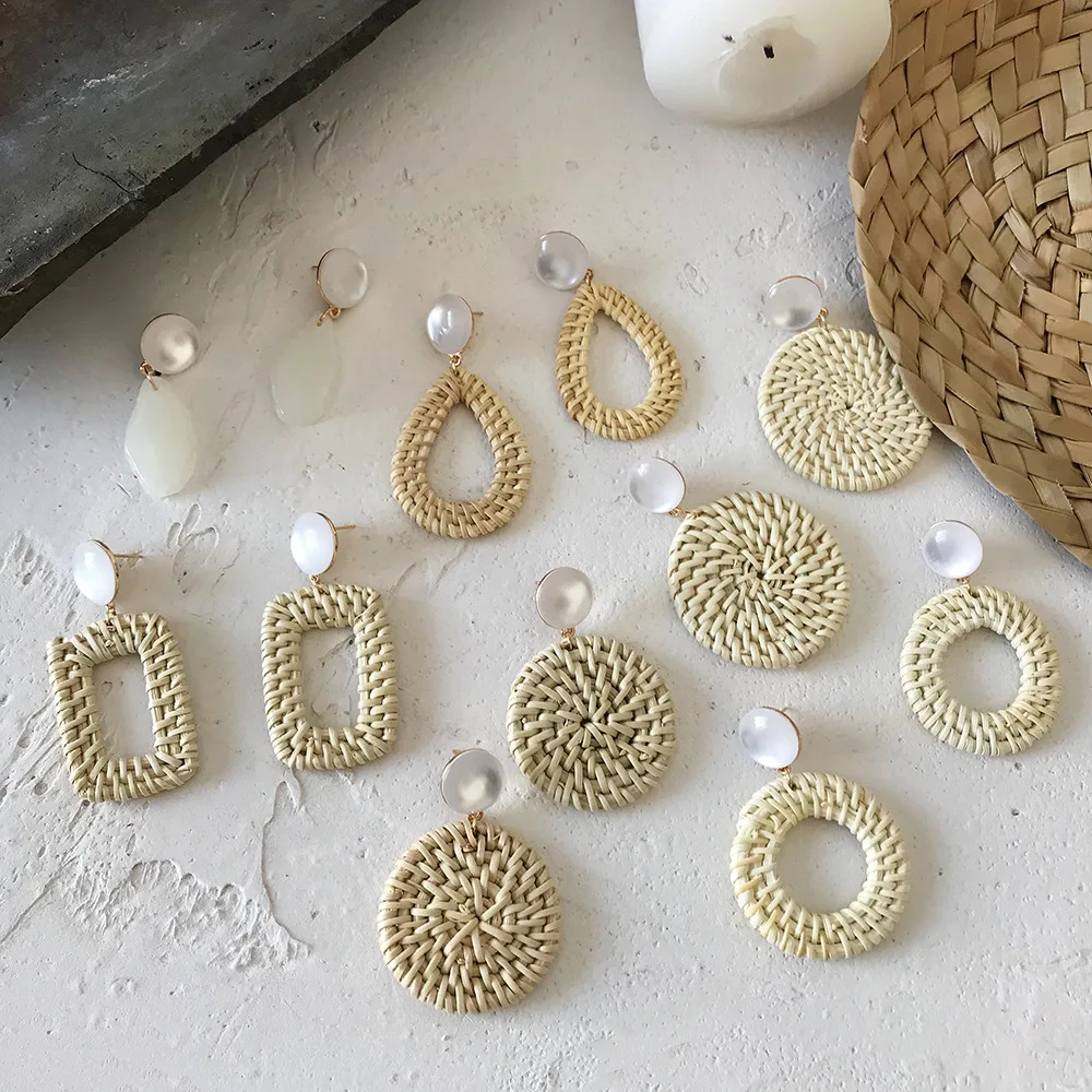 

Multiples Summer Holiday Earrings For Girl Women Straw Weave Handmade Drop Dangles Big Geometric Boho Earrings Statement Jewelry