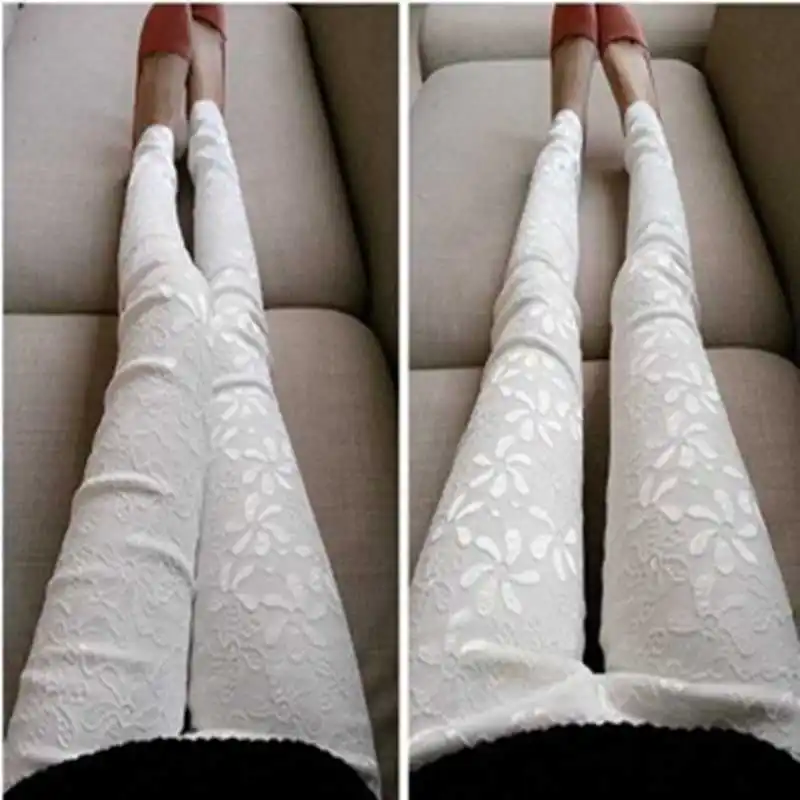 Женская модная повседневная одежда, эластичные леггинсы, женские узкие обтягивающие кружевные брюки, повседневные узкие брюки с молнией спереди и цветочным рисунком - Цвет: Белый