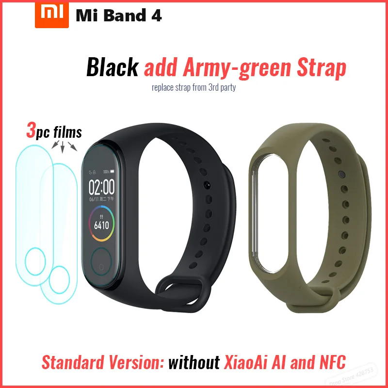 Xiaomi Mi Band 4 Smart Band 4 Браслет фитнес-браслет Музыкальный контроль браслет Bluetooth 5 AMOLED цветной сенсорный экран - Цвет: add film green strap