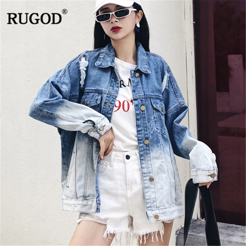 

RUGOD Korean Gradient denim women jacket long sleeves pocket streetwear single-breasted fashion spring and autumn coat modis