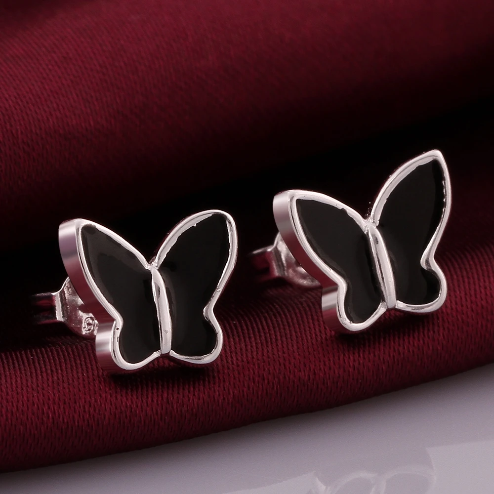 CHUKUI Minimalist Ladies Stud Earrings Gifts For Women Silver Plated Black Enamel Butterfly Earrings Fashion Jewelry Brincos (6)