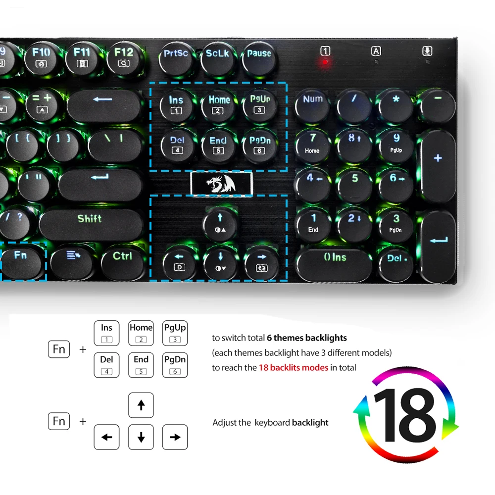  Redragon K556-RK Mechanical Gaming Keyboard Typewriter RGB LED Backlit 104 Keys Anti-ghosting Brown