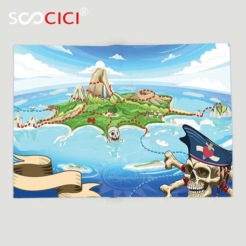 

Custom Soft Fleece Throw Blanket Island Map Decor Aerial View of Fantasy Pirate Cove Island with Crossbones and Captain Skull