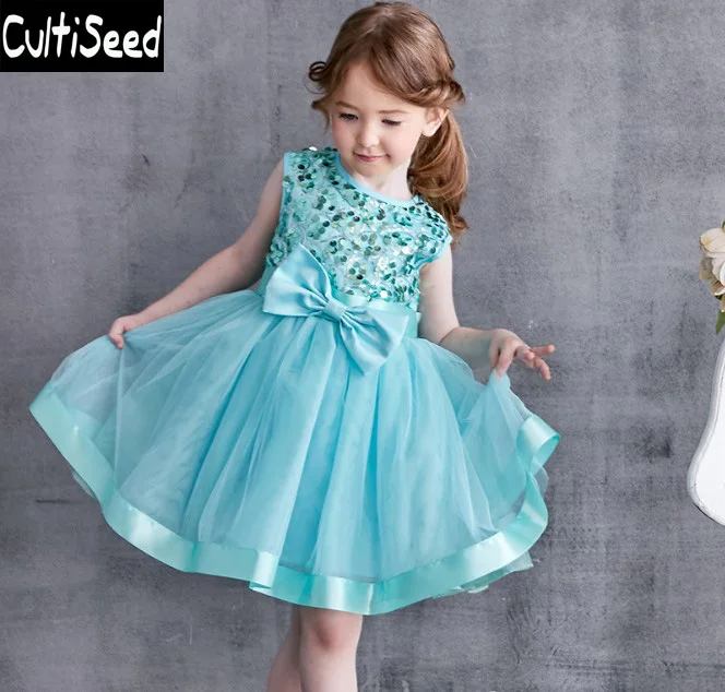 

Sequins Dresses Girls Summer Sleeveless Sequins Bow Ball Gown Party Princess Dress Clothes Children Cute Mesh Dress