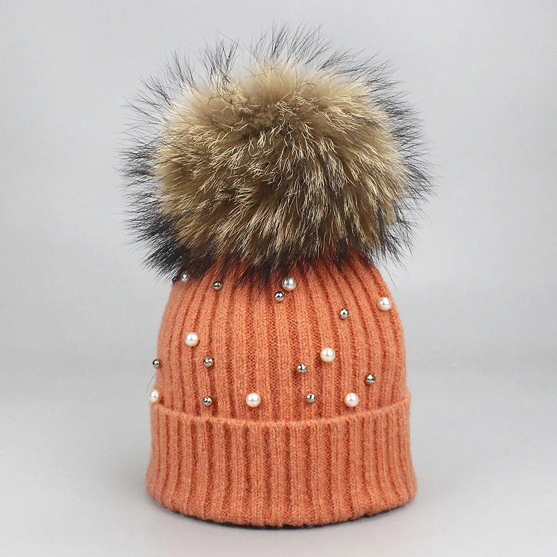 Женская шапка с меховым помпоном для девочек, Зимняя шерстяная вязаная шапочка с жемчугом, натуральный мех, помпон, женская мягкая однотонная теплая шапка Skullies - Цвет: Orange