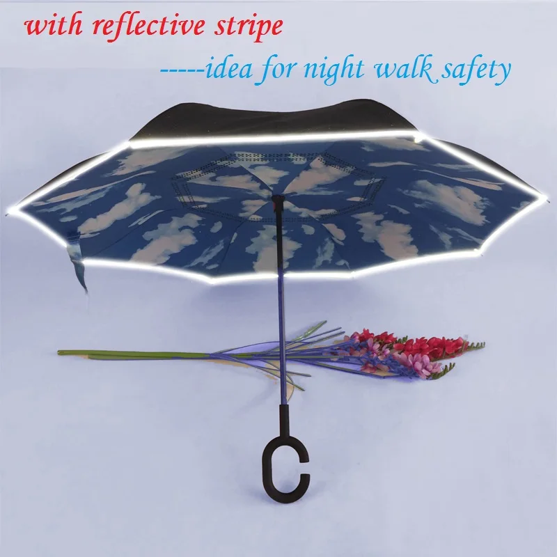 

Reverse umbrella with reflective stripe Night walk travel safety Cars light warning Creative magic umbrella sky print inside