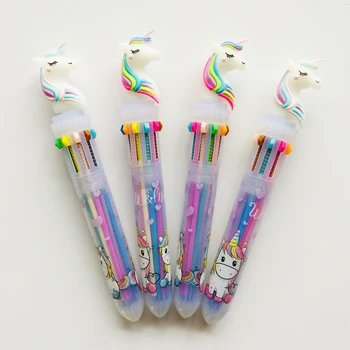 

1pc Soft Silicone Unicorn Head 10 In 1 Colorful Ballpoint Pen Writing Drawing Student Stationery School Office Supply