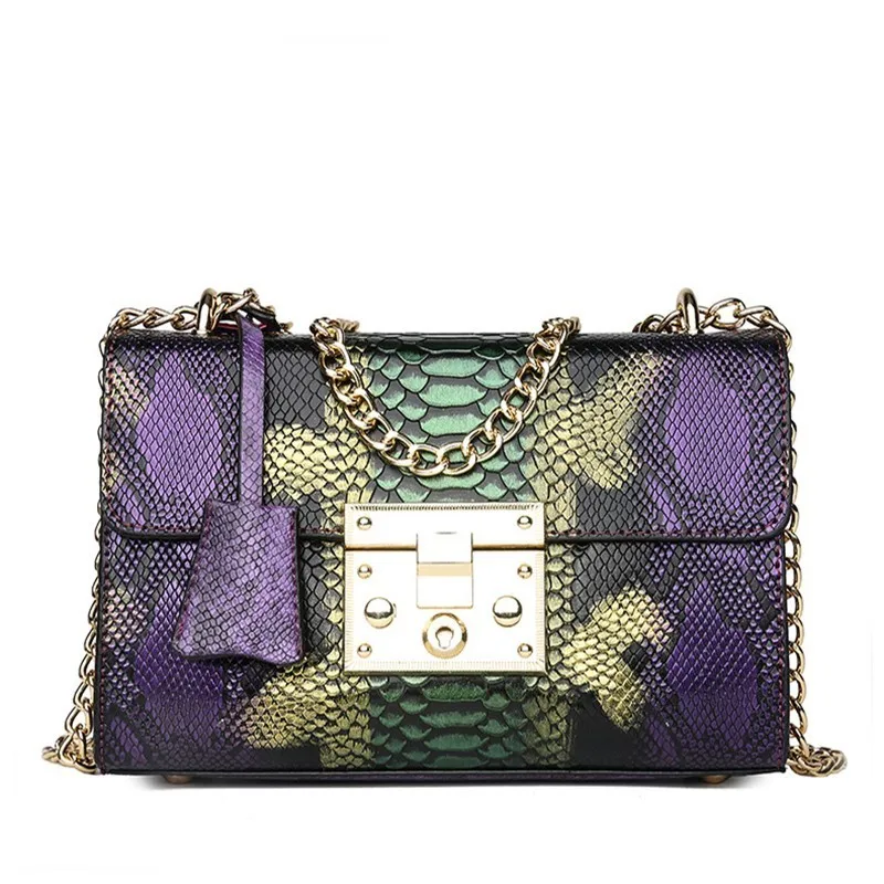 Роскошные дизайнерские сумки для женщин,, Кожаный клатч с клапаном, кошелек на цепочке, змеиная кожа, женские сумки через плечо, сумка-мессенджер - Цвет: Purple