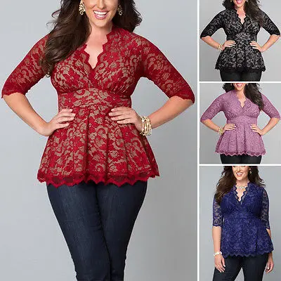 

Women Lady Clothing Big Plus Size Sexy Lace Flower Shirts Casual Hollow V-Neck Three Quarter Blouse Tops New Women