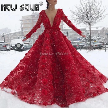 

New Design Arabic Red V Neck Evening Dresses Ball Gown Long Dubai Turkish Prom Dress With Lace Beading Kaftans Vestidos