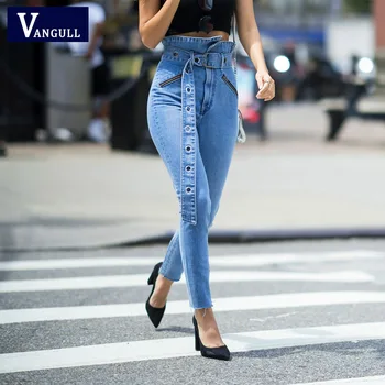 

Vangull Women Jeans High Waist Elastic Skinny Denim Long Pencil Pants Plus Size Buttons Jeans Camisa Feminina Casual Trouser