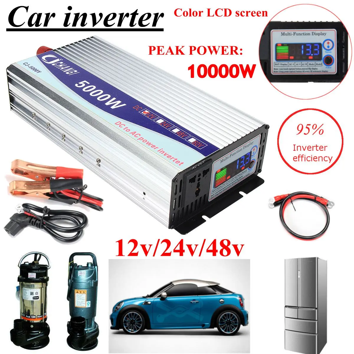 Inversor 12 V/24 V/48 V 220 V 5000 W 10000 W picos de energía de onda sinusoidal modificada transformador de voltaje convertidor inversor + pantalla LCD - 2