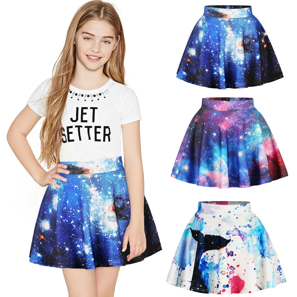 

Teen Girls Clothes Toddler Kids Girl Galaxy 3D Digital Printing Princess Casual Pleated Tutu Skirt Ensemble Fille 2019