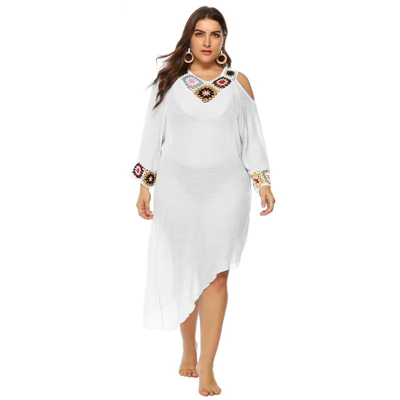Плюс размер пляжное платье Туника комбинезон для женщин летняя прозрачная пляжная одежда Асимметричные платья белая пляжная одежда крючком Шея