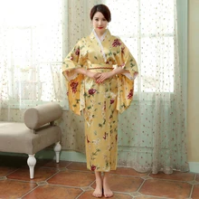 Кимоно с Obi, Новое поступление, желтое кимоно в японском стиле для девушек, сексуальное женское винтажное вечернее платье Yukata, один размер 101503