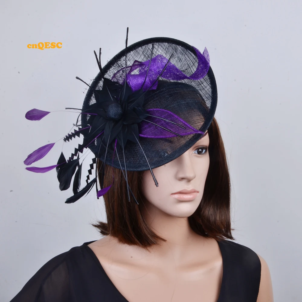 Purple black big sinamay fascinator with feathers for Tea Garden party