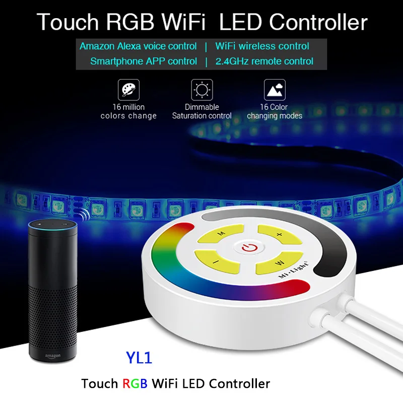 MiBOXER YL1 2,4G RGB WiFi Touch Alexa голосовое приложение круговой голосовой ремень с фонарем светодиодный контроллер, FUT092/FUT089 2,4G беспроводной пульт дистанционного управления - Цвет: YL1 WiFi Controller