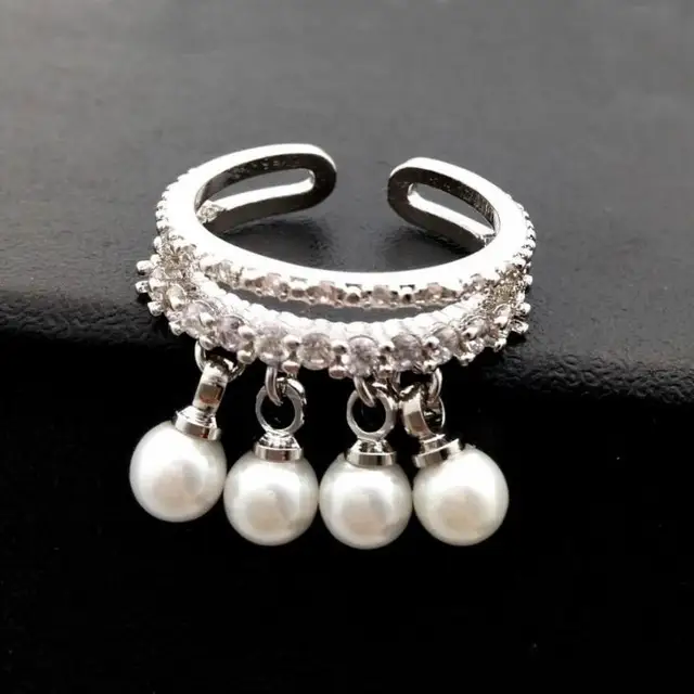 Women Adjustable Ring Rose Gold-color  Simulated Pearl Jewelry Rings With Micro Pave Zircon Decoration Fine Gift