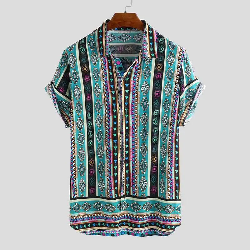 В богемном стиле Для мужчин одежда гавайская рубашка с платье, верхняя одежда, модная футболка с короткими рукавами и лацканами свободные Повседневное Мужская футболка для отдыха рубашка Camisa Hombre