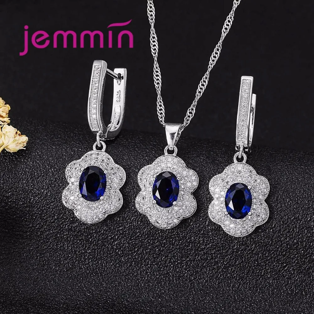 Jemmin 925 Sterling Silver Jewelry Blue Oval Sapphire White CZ Jewelry Sets For Women Wedding Earrings/Pendant/Necklace Set - Image 2