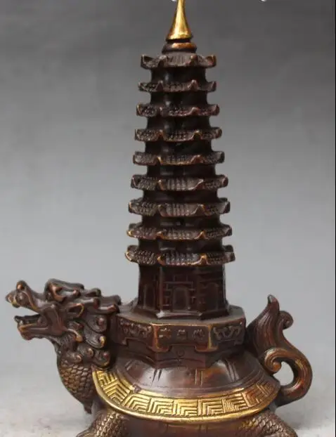

9" Chinese Bronze Gilt Dragon Tortoise Dragons Turtle Stupa Pagoda Tower Statue