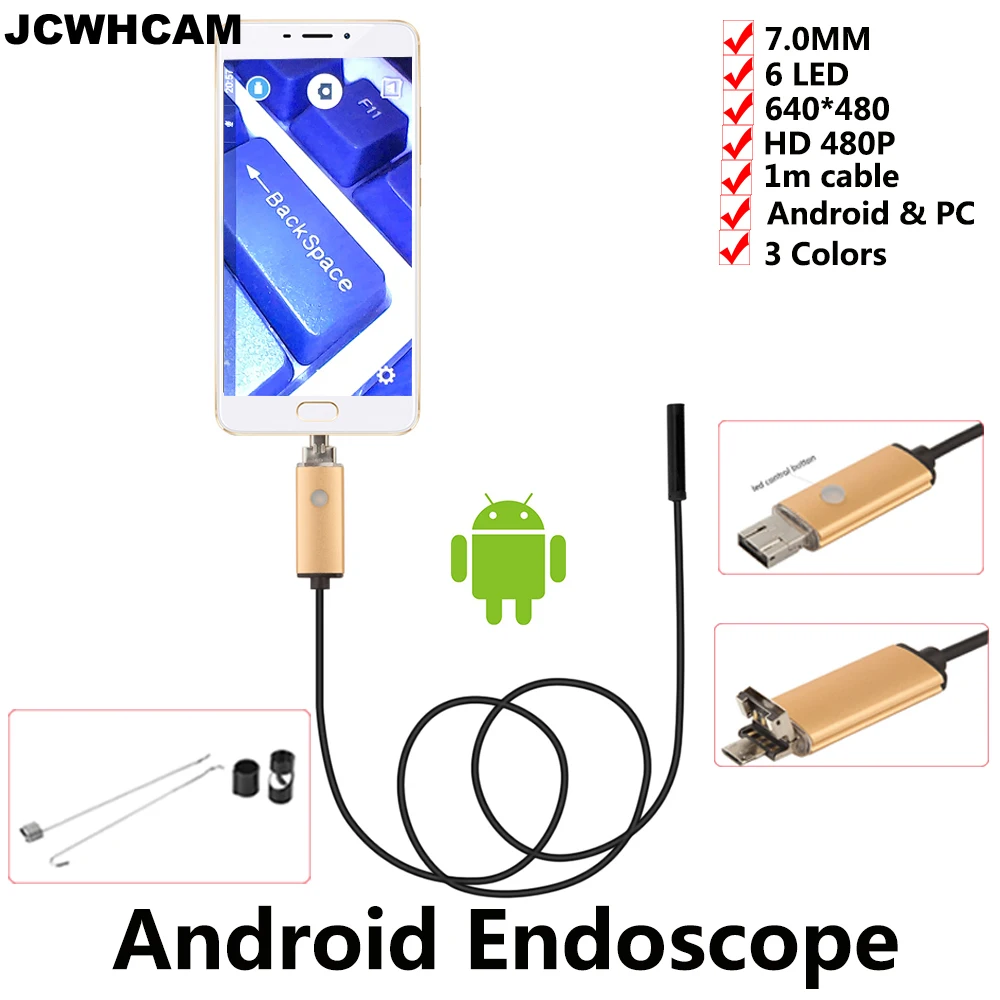 JCWHCAM эндоскоп 7 мм Len USB Android камера 1 м 2 Водонепроницаемая Автомобильная труба