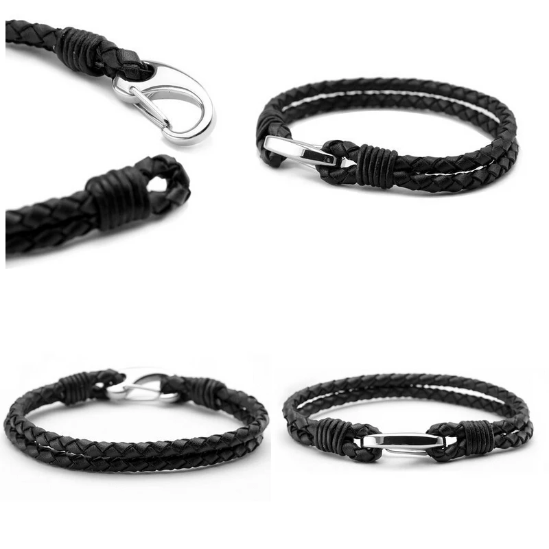BL01-3 Stainless Steel genuine leather bracelet bangle - 