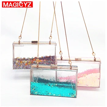 

Transparent Acrylic Rectangular Girl Clutch Sequins Quicksand Shoulder Bag Elegant Chain Women's Clutch For Wedding/Dating/Party