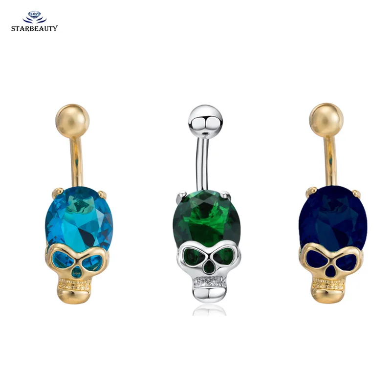 

14G Punk Shining Zircon Skull Belly Button Rings Gold Silver-Color Navel Piercing Body Jewelry Navel Belly Earrings