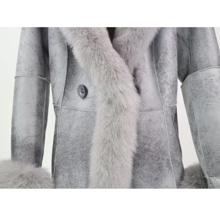 Manteau Grey coffee 2018 Fourrure Réel Parka Col Renard Cuir Longue Avec Véritable face Veste beige Hiver Double Femmes En De Lapin Slim AAqgBwY